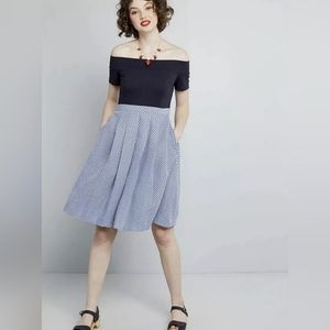ModCloth Double The Lovely Blue Jacquard A Line Off The Shoulder Dress